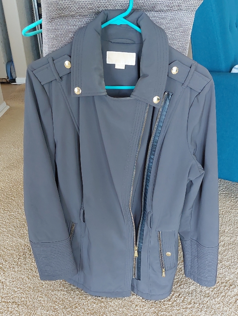 Michael Kors Charcoal Gray Utility Moto Jacket with Gold Hardware